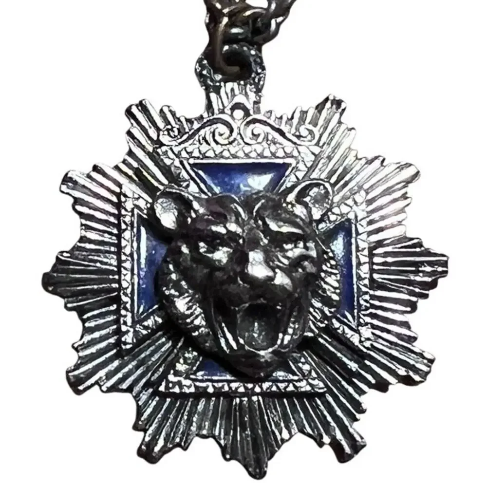 Vintage Roaring Tiger Pendant Necklace Blue Maltese Cross Silver Unsigned Unique